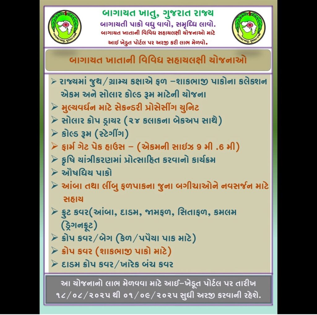 બાગાયત ખાતાની વિવિધ સહાયલક્ષી યોજનાઓ